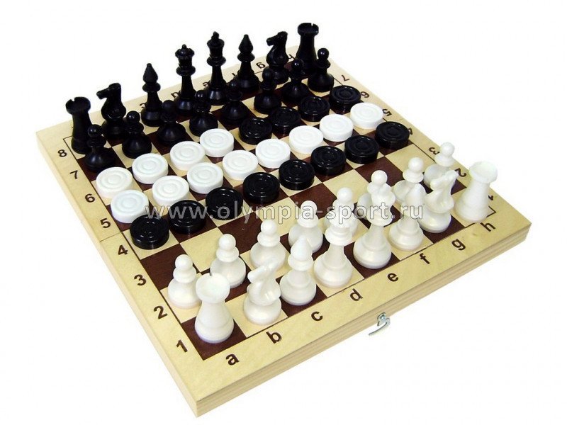 Игра 2 в 1 (Шахматы обиходные пластиковые + шашки пластиковые в деревянной доске 295х415мм) 02-119