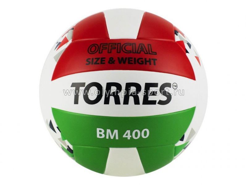 Мяч волейбольный TORRES BM400, р.5, синт.кожа (ТПУ), клееный, бут.кам, бел-крас-зел