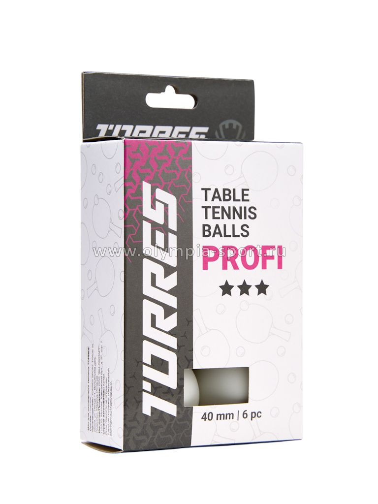 Мяч для настольного тенниса TORRES Profi 3*, (6 шт.) белый